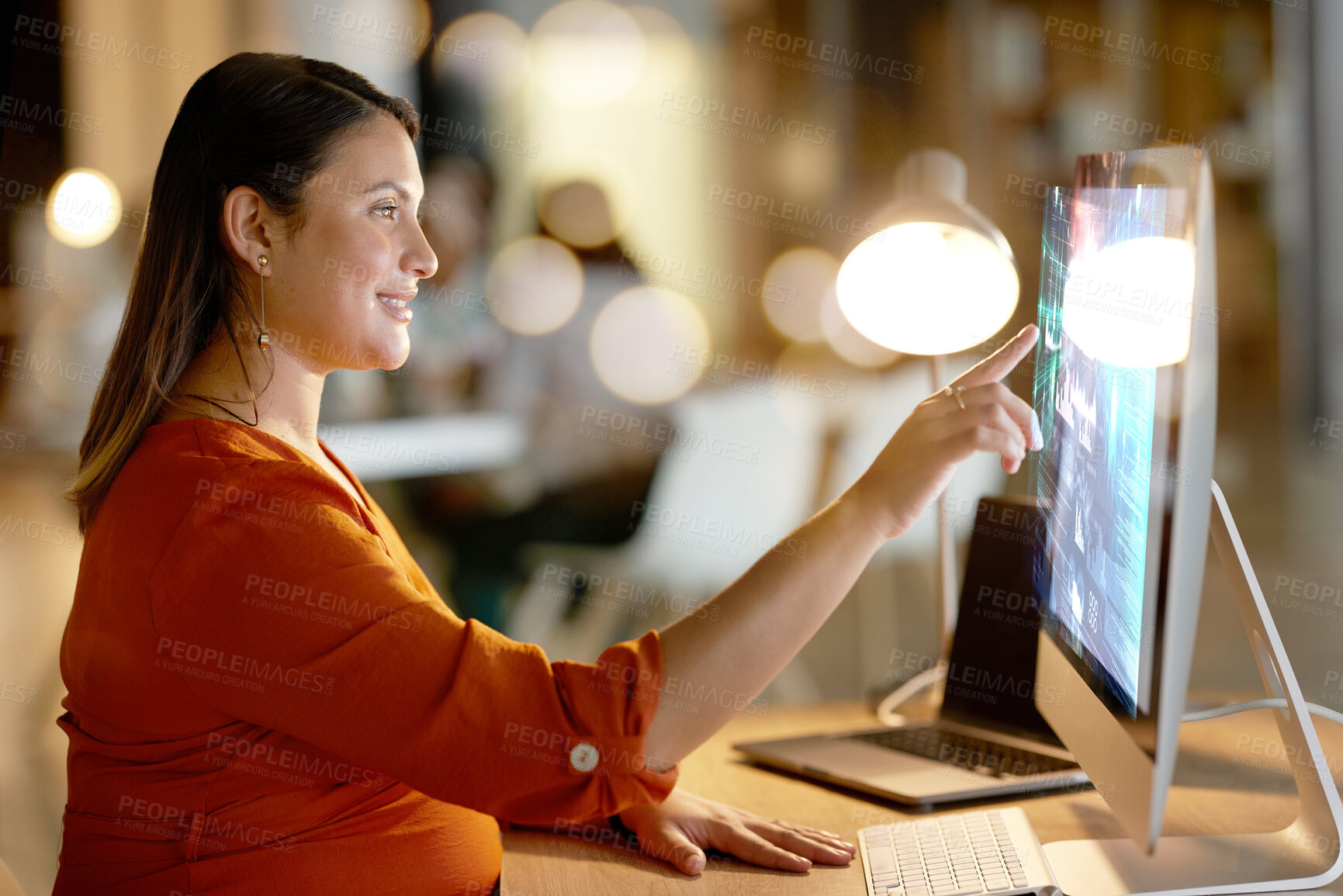 Buy stock photo Web design, connection and pregnant woman with a computer hologram for research at night. 3d coding, analytics and programmer typing on a holographic screen from a pc for programming and development