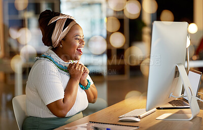 Buy stock photo Excited black woman, computer and celebration for good news, winning or business promotion at office desk. African American female with smile in surprise celebrating bonus, win or success by PC