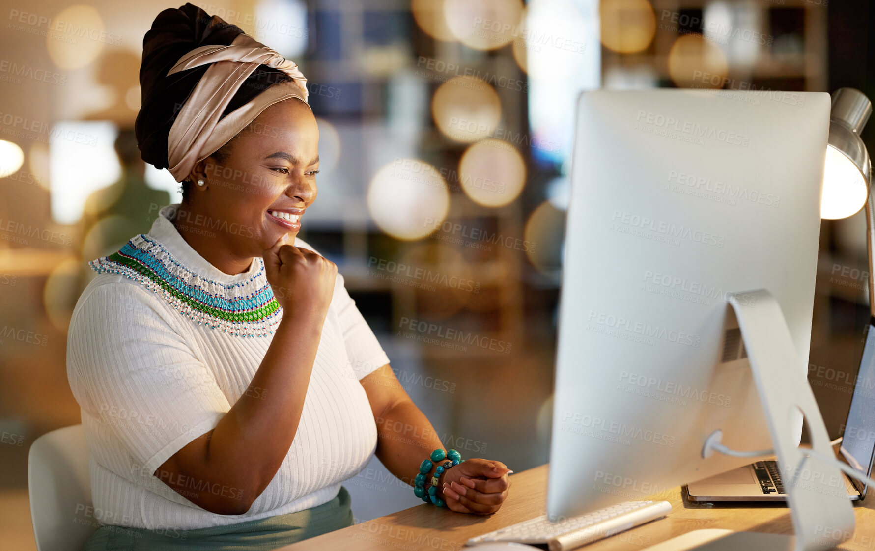 Buy stock photo Night, business and black woman with fist, celebration and computer in office, achievement and promotion. African American female leader, ceo or manager with gesture for joy, success or profit growth