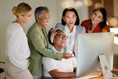 Buy stock photo Collaboration, laughter and a business manager with her team, working on a computer in the office at night. Teamwork, diversity and coaching with a senior woman leader training her staff at work