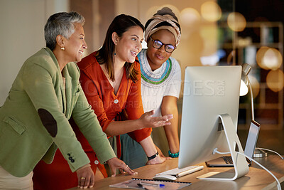 Buy stock photo Computer, business and a woman manager with her team, working in collaboration at the office at night. Teamwork, diversity and coaching with a senior female manager training her staff at work
