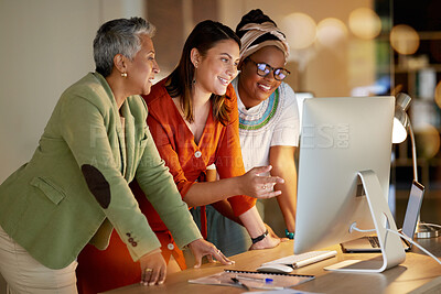 Buy stock photo Computer, business and a female leader with her team, working overtime together in the office at night. Collaboration, diversity and coaching with a senior woman manager training her staff at work