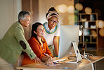 Women, business and creative collaboration on computer at night in office for teamwork, planning or design. Lady, partnership or designer team coworking on online project, vision or proposal strategy