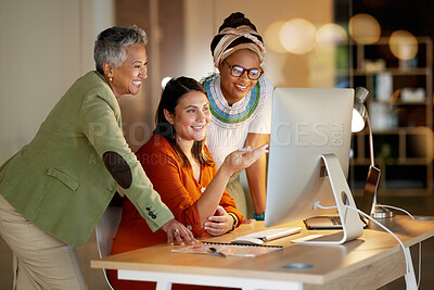 Buy stock photo Collaboration, management and a business woman with her team, working on a computer in the office at night. Teamwork, diversity and coaching with a senior female manager training her staff at work