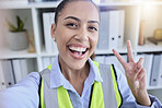 Selfie, peace sign and woman in office, leadership and happiness for business deal, growth and development. Portrait, female employee and engineer workplace, celebration and gesture for achievement