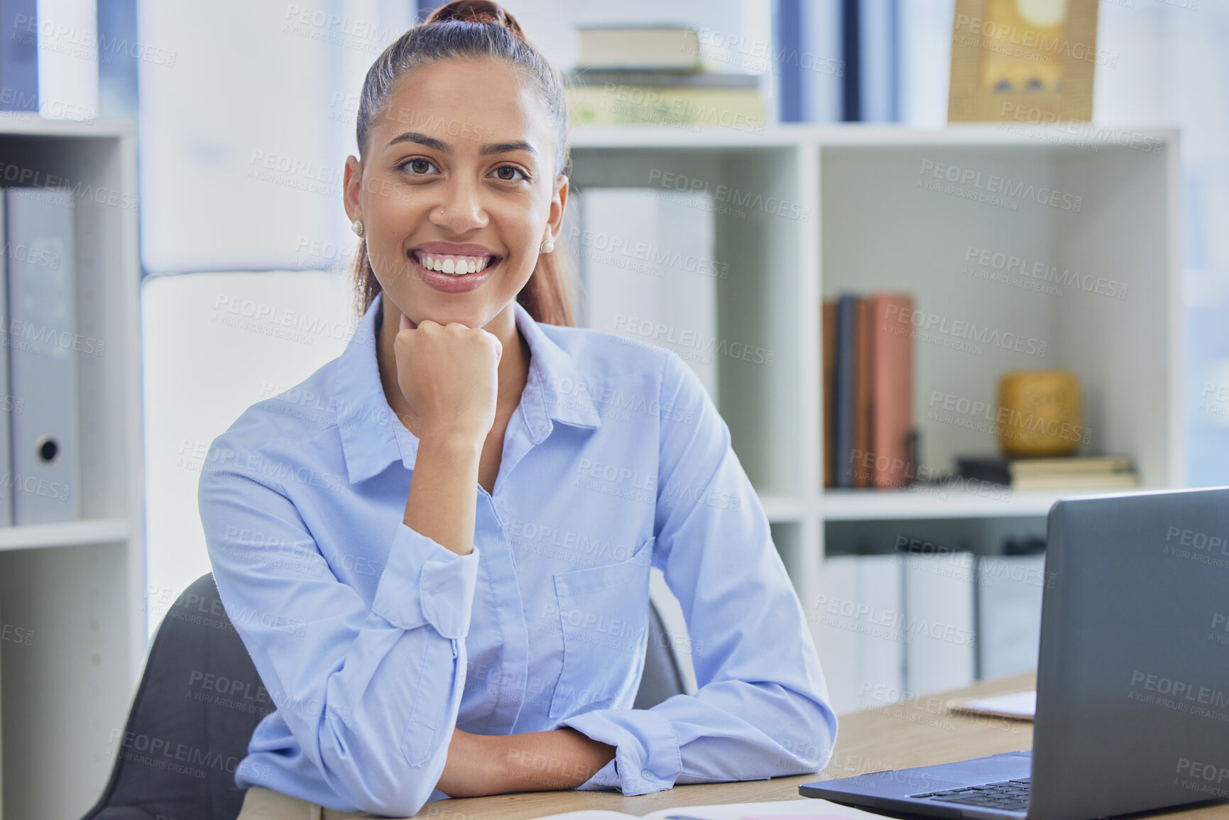 Buy stock photo Office portrait, business administration or happy woman or finance accountant with smile for financial accounting. Corporate bookkeeping, company employee or African bank consultant working on laptop
