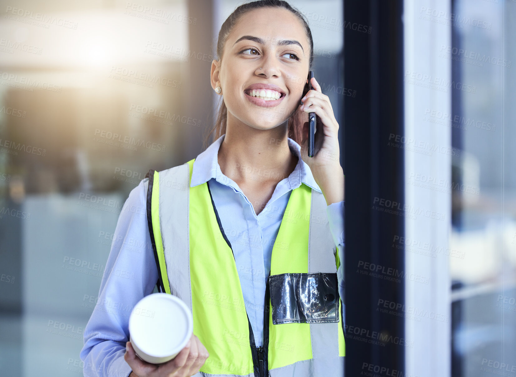 Buy stock photo Architect, phone call and a woman with plan in office for project management. Engineer, construction or safety worker talking to investor planning building development or vision with communication