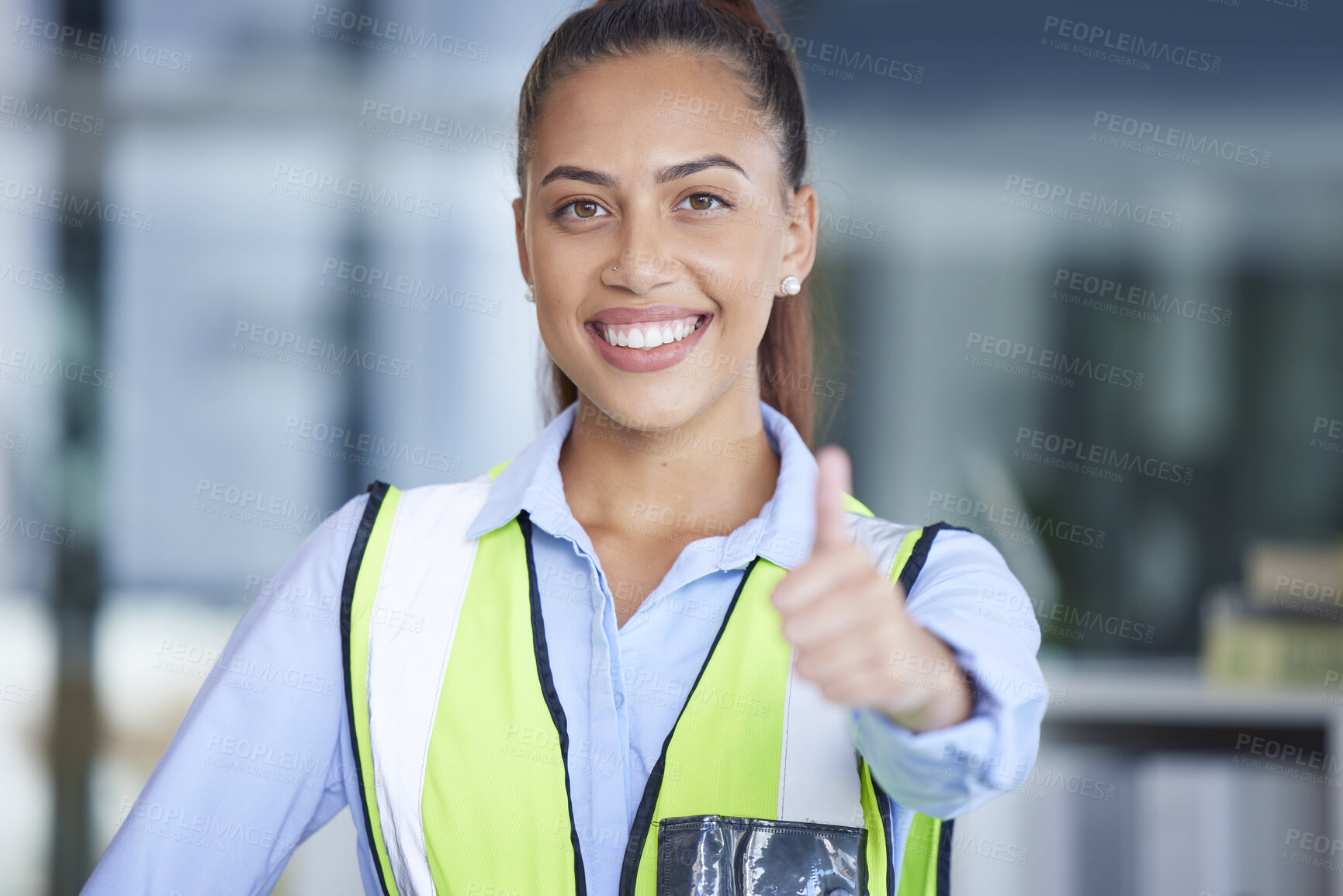 Buy stock photo Engineer, portrait and woman with thumbs up in office for project management and success. Architect, construction or safety worker with hand sign or like emoji for support, thank you or motivation 