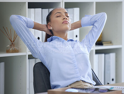 Buy stock photo Business woman, tired and office desk with hands behind head to relax for mental health and burnout. Professional entrepreneur person at workplace while exhausted or with fatigue while working