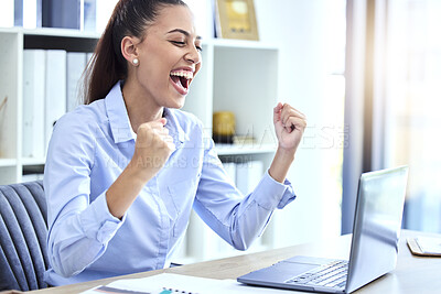 Buy stock photo Success, business and woman with achievement, fist and cheering for sales profit, promotion and new deal. Corporate, female employee and leader with laptop, winner and victory with celebration or joy