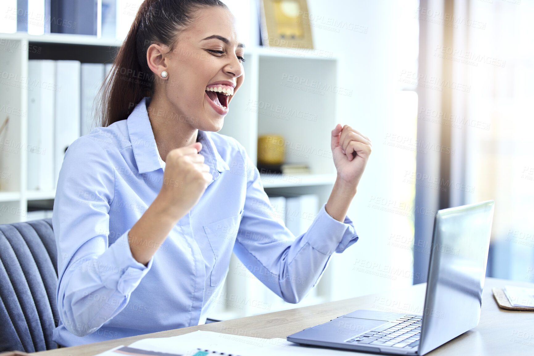 Buy stock photo Success, business and woman with achievement, fist and cheering for sales profit, promotion and new deal. Corporate, female employee and leader with laptop, winner and victory with celebration or joy