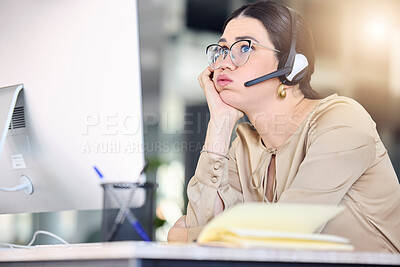 Buy stock photo Stress, call center and woman with burnout in customer service, telemarketing and consulting at desk. Crm company, corporate office and female worker frustrated, tired and fatigue from computer work