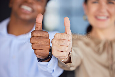 Buy stock photo Hands, people and thumbs up for good job, winning or success at the office on blurred background. Hand of team showing thumb emoji, yes sign or like in agreement, trust or thanks for support or win