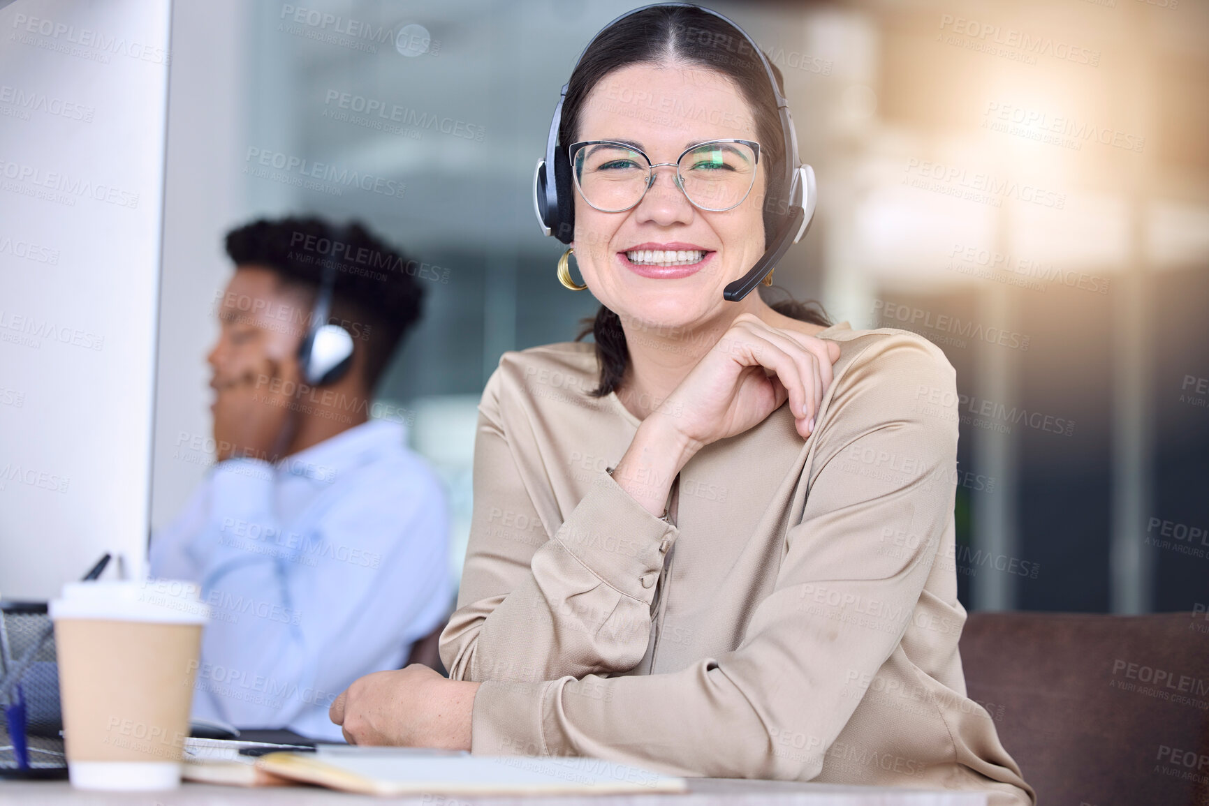 Buy stock photo Customer support, call center and portrait of woman with smile for consulting, telemarketing and crm service. Communication, contact us and face of female worker for client, goals and happy in office