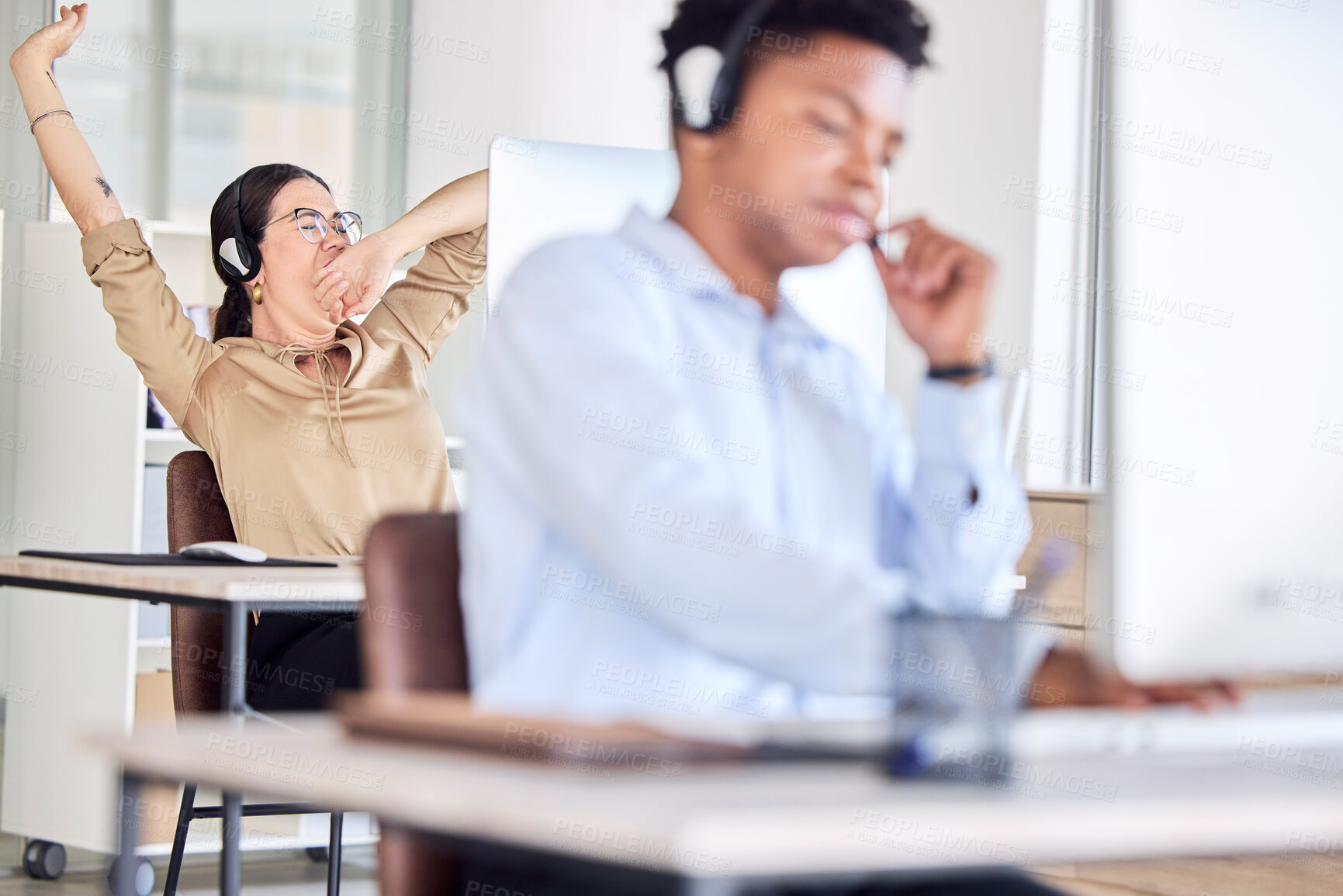 Buy stock photo Tired, yawn and call center woman in office for telemarketing, customer service and sales consulting. Lazy, sleepy and stretching female agent with burnout, fatigue and bored job at telecom help desk