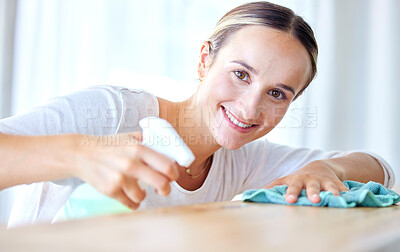 Buy stock photo Portrait, woman and cleaning with spray bottle, cloth and smile for hygiene, disinfectant and dusting. Face, female cleaner or maid with liquid, rag or housekeeping with furniture or sanitize surface