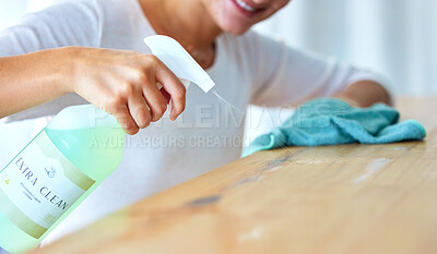 Buy stock photo Closeup, hands and woman with spray bottle, detergent and hygiene for protection, wellness and spring cleaning. Zoom, female cleaner and lady with liquid, table and surface disinfection and safety