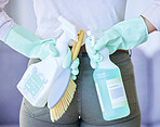 Product, brush and woman, back with cleaning service and chemical spray for hygiene and disinfectant. Clean, liquid in bottle and female housekeeper, gloves for safety from bacteria and housekeeping