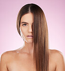 Hair, face and beauty and woman in portrait for haircare, skincare and keratin treatment on pink background. Cosmetics, grooming and hairstyle, dandruff free and makeup, female with healthy skin 