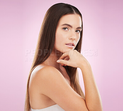 Buy stock photo Woman, hair care beauty and studio portrait for smile, wellness or cosmetics for skin glow by pink background. Young gen z model, makeup girl or cosmetic skincare for shine with healthy aesthetic