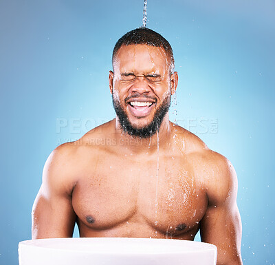 Buy stock photo Water, happy or black man cleaning face for beauty, body skincare or fresh hygiene on blue background. African model with wellness washing, grooming or facial cleansing treatment in studio shower