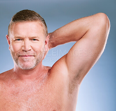 Buy stock photo Man, smile and armpit in skincare hygiene, grooming or feeling fresh against a studio background. Portrait of elderly male model smiling in satisfaction for shaving, hair removal or clean cosmetics