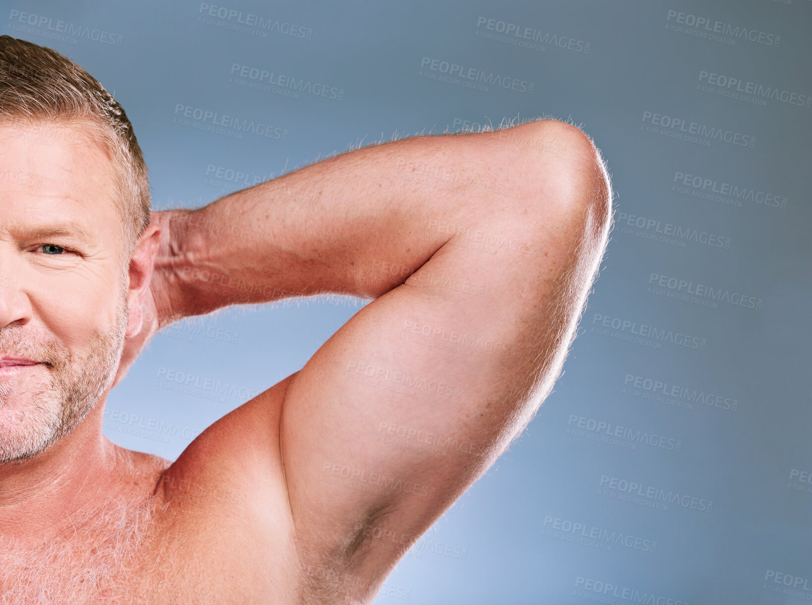 Buy stock photo Portrait, skincare and armpit with a mature man in studio on a gray background for hygiene or grooming. Face, beauty and underarm with a male posing to promote body care, wellness or fitness