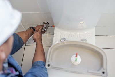 Buy stock photo Toilet maintenance, plumber hands and wrench fix of a renovation employee in the bathroom. Home improvement, development and house repair of industrial pipe and construction worker doing a job