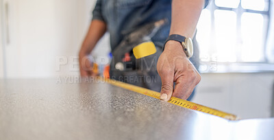 Buy stock photo Carpenter, work table and measure tape with hands, design diy and home improvement for building, wood or job. Builder, construction worker and handyman by countertop, planning and vision in workplace