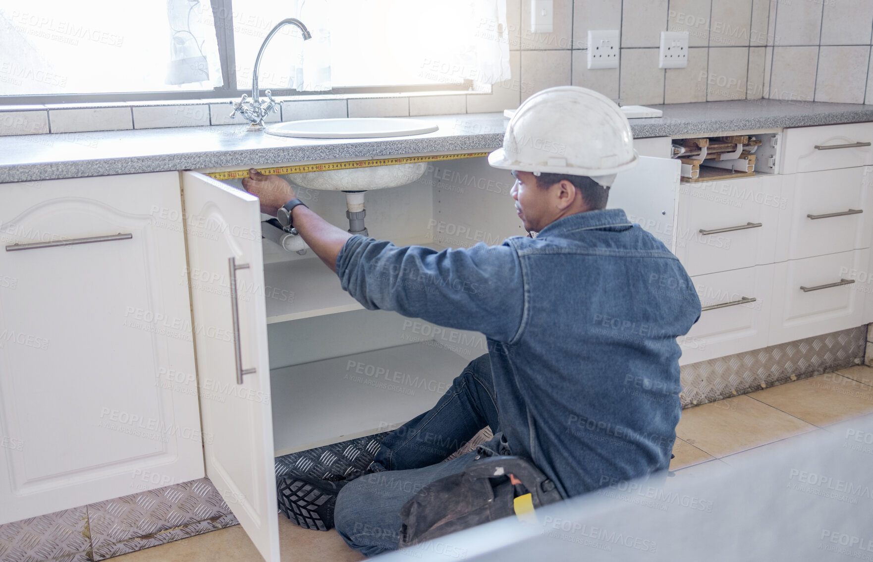 Buy stock photo Sink repair, home maintenance and kitchen water pipe check of handyman in a house. Contractor man, builder service and filter improvement installation of a construction employee working in household