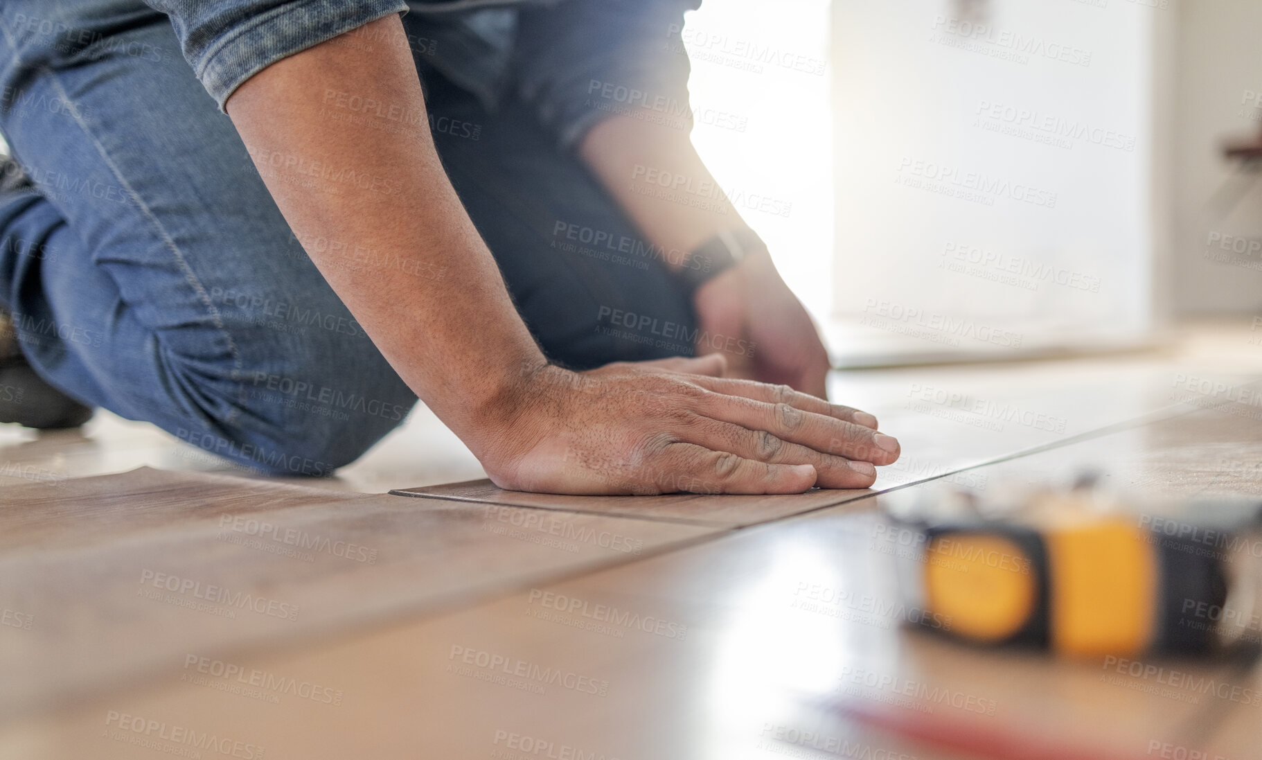 Buy stock photo Construction worker hands, wood carpenter and home floor renovation of a builder. Working, woodwork and handcraft of a manufacturing, building and house maintenance development of an artisan