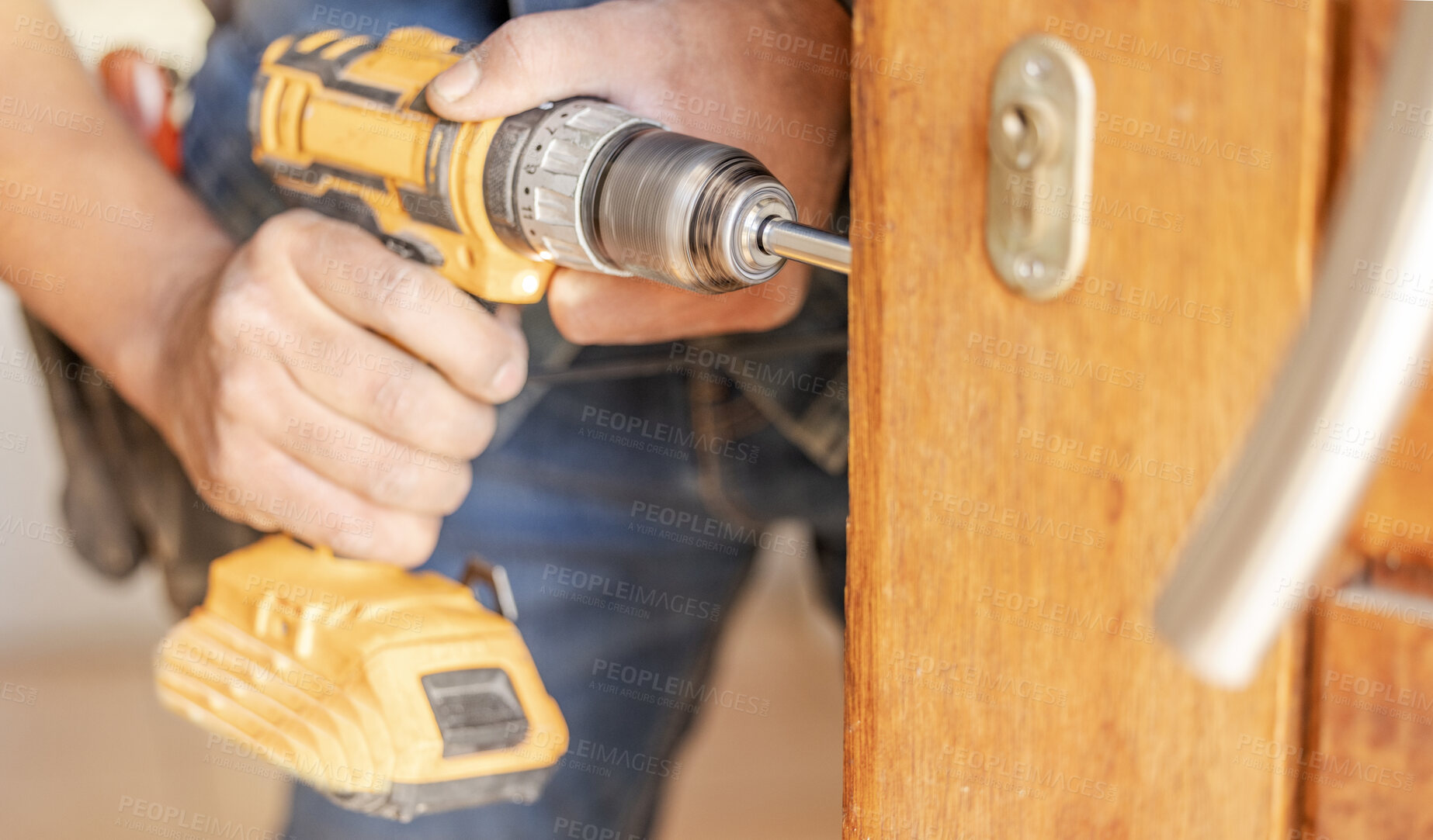 Buy stock photo Locksmith hands, maintenance and handyman with construction and fixing, change door locks with tools and closeup. Home renovation, industry and trade with manual labour, drill with vocation and work