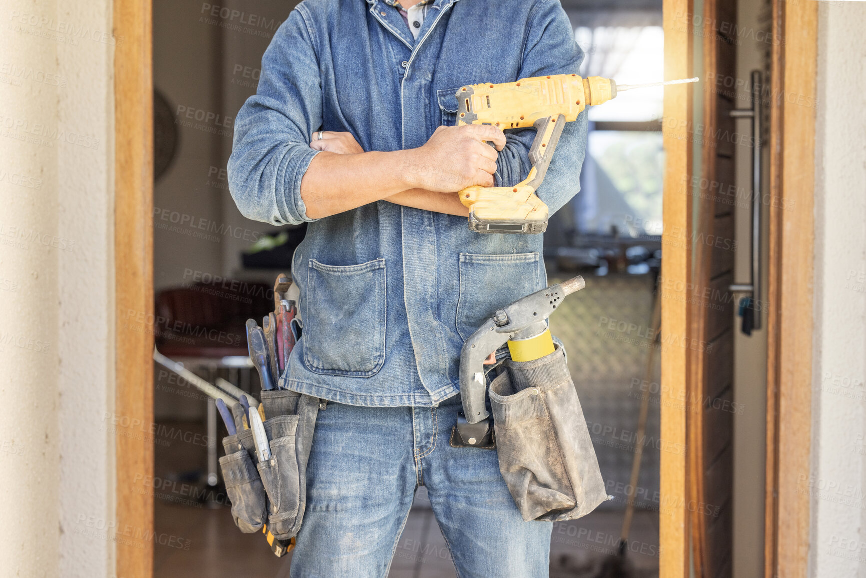 Buy stock photo Man, DIY and drill for construction, building or home repair, renovation and improvement. Equipment, handyman and male ready for maintenance, architecture or house design project as a professional