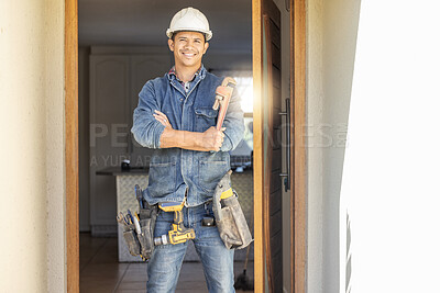 Buy stock photo Handyman in portrait, maintenance and tools with construction and home renovation, builder with smile. Professional, contractor and DIY skills, architecture and wrench, male with helmet for safety