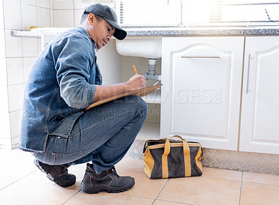 Buy stock photo Plumber man, maintenance document and clipboard for pipeline, home renovation notes or builder installation. Handyman, plumbing service and checklist in house for building, engineering and inspection