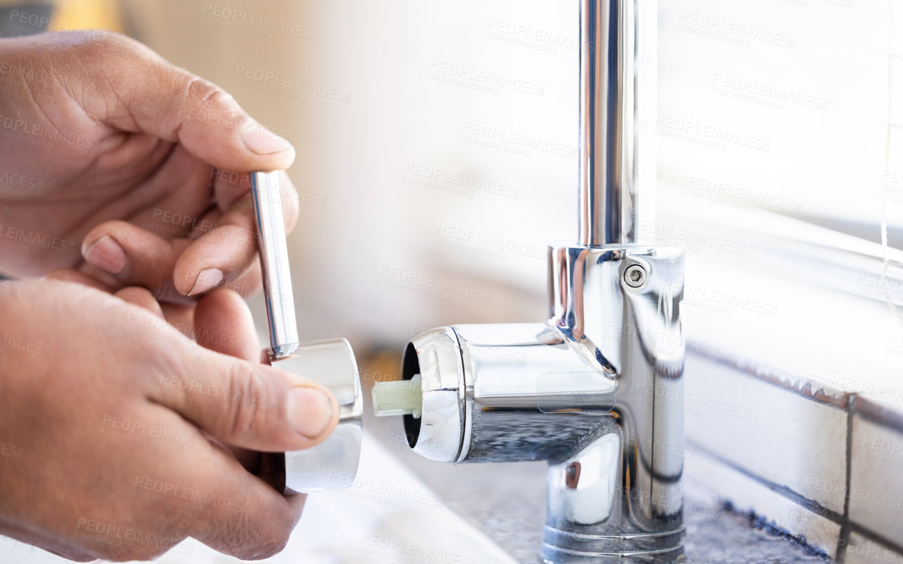 Buy stock photo Plumber man, tap and hands of maintenance for installation, home renovation and builder service. Closeup handyman, sink and plumbing handle in house, engineering contractor or upgrade pipeline system