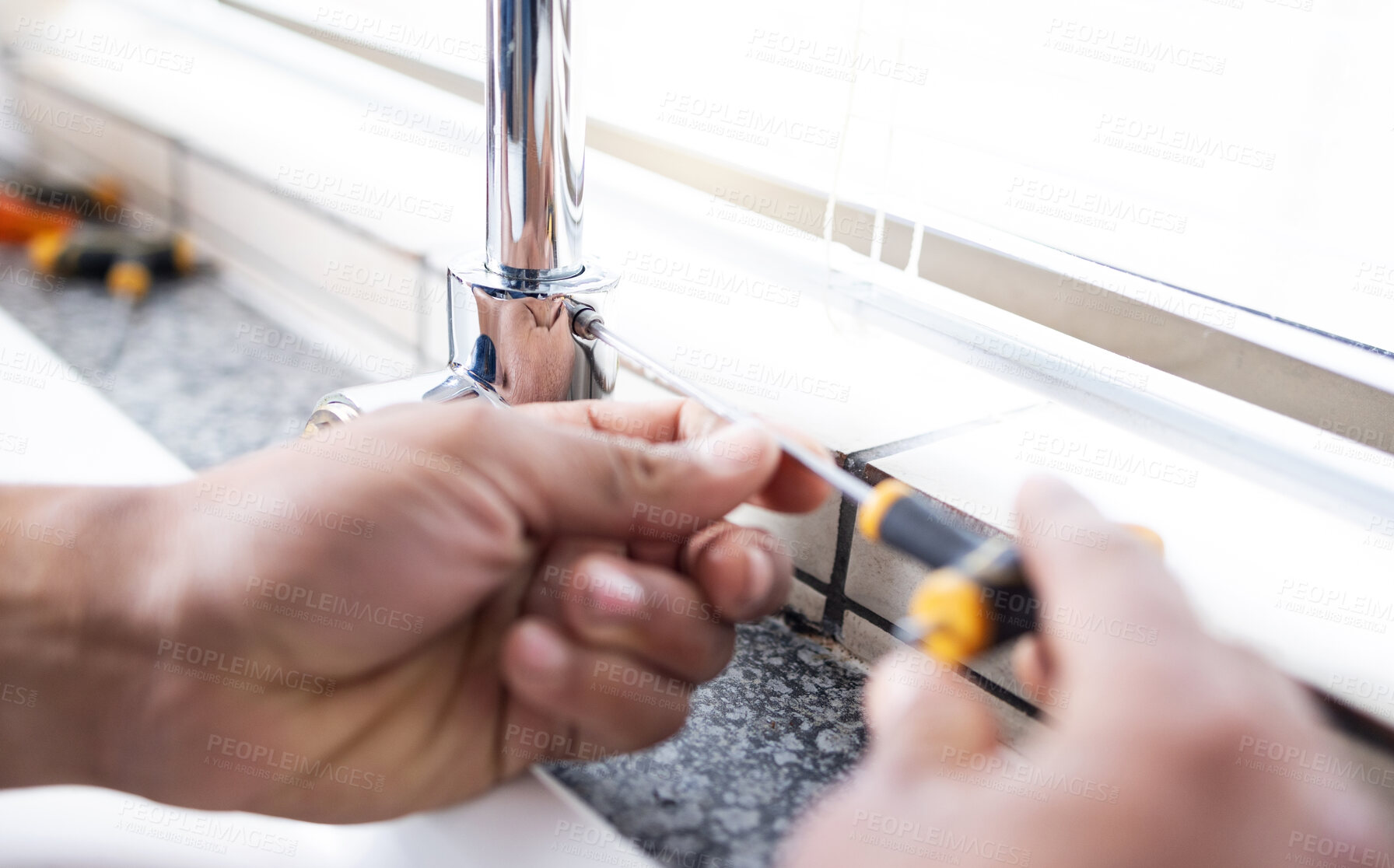 Buy stock photo Plumbing man, faucet and hands with screw for building maintenance, renovation and service. Closeup handyman, tap and plumber tools of engineering contractor, upgrade pipeline system or mechanic work