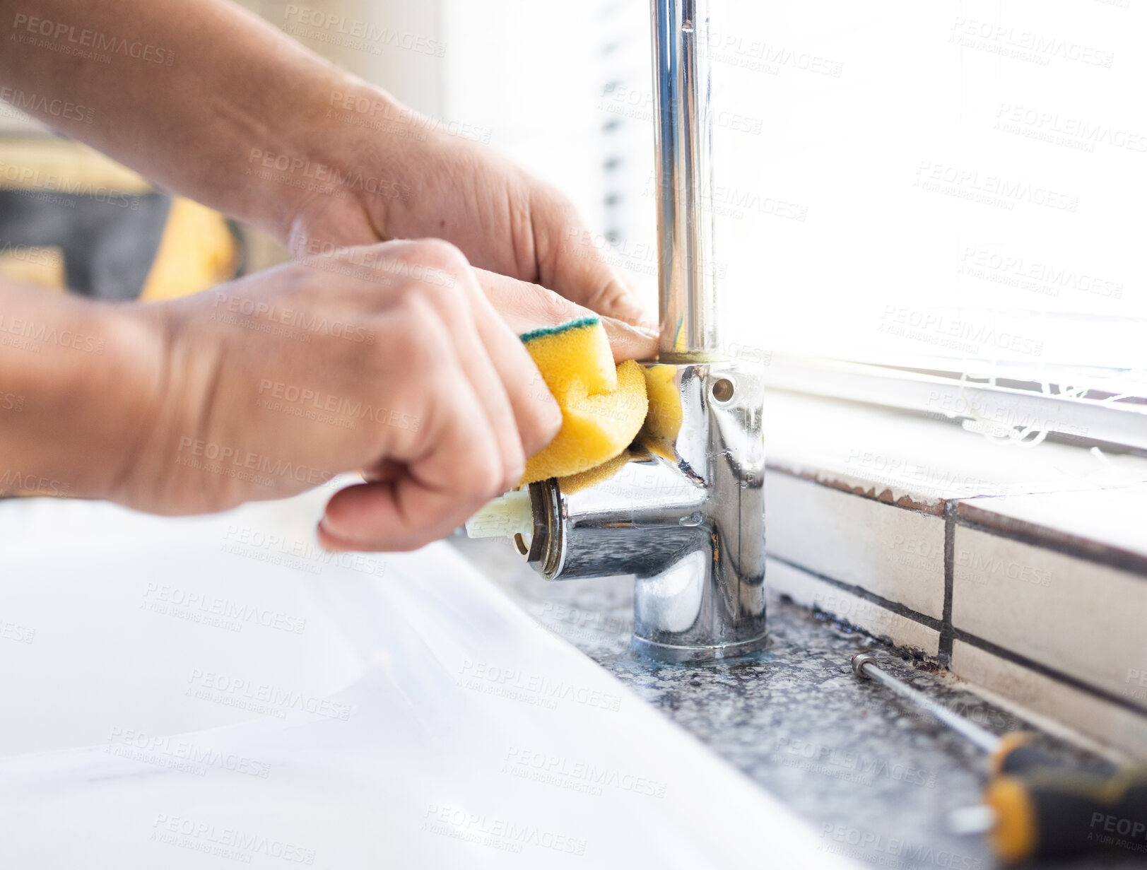 Buy stock photo Plumber man, tap and hands of maintenance for sponge, home renovation and builder service. Closeup handyman, sink and plumbing installation in house, engineering contractor or upgrade pipeline system