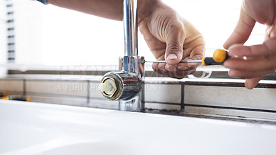 Buy stock photo Plumber man, tap and hands with screw tools of building maintenance, renovation and service. Closeup handyman, faucet and plumbing of engineering contractor, upgrade pipeline system and mechanic work