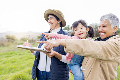 Buy stock photo Farmer, inspection and women pointing on a farm teaching a child or future generation about farming and sustainability. People, kid and mother with laugh daughter learning agriculture or ecology