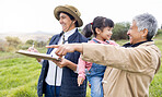 Senior farmer women, checklist and field at family farm, laugh and bonding love with girl kid outdoor. Old woman, child and writing in countryside, farming and happiness in nature with landscape