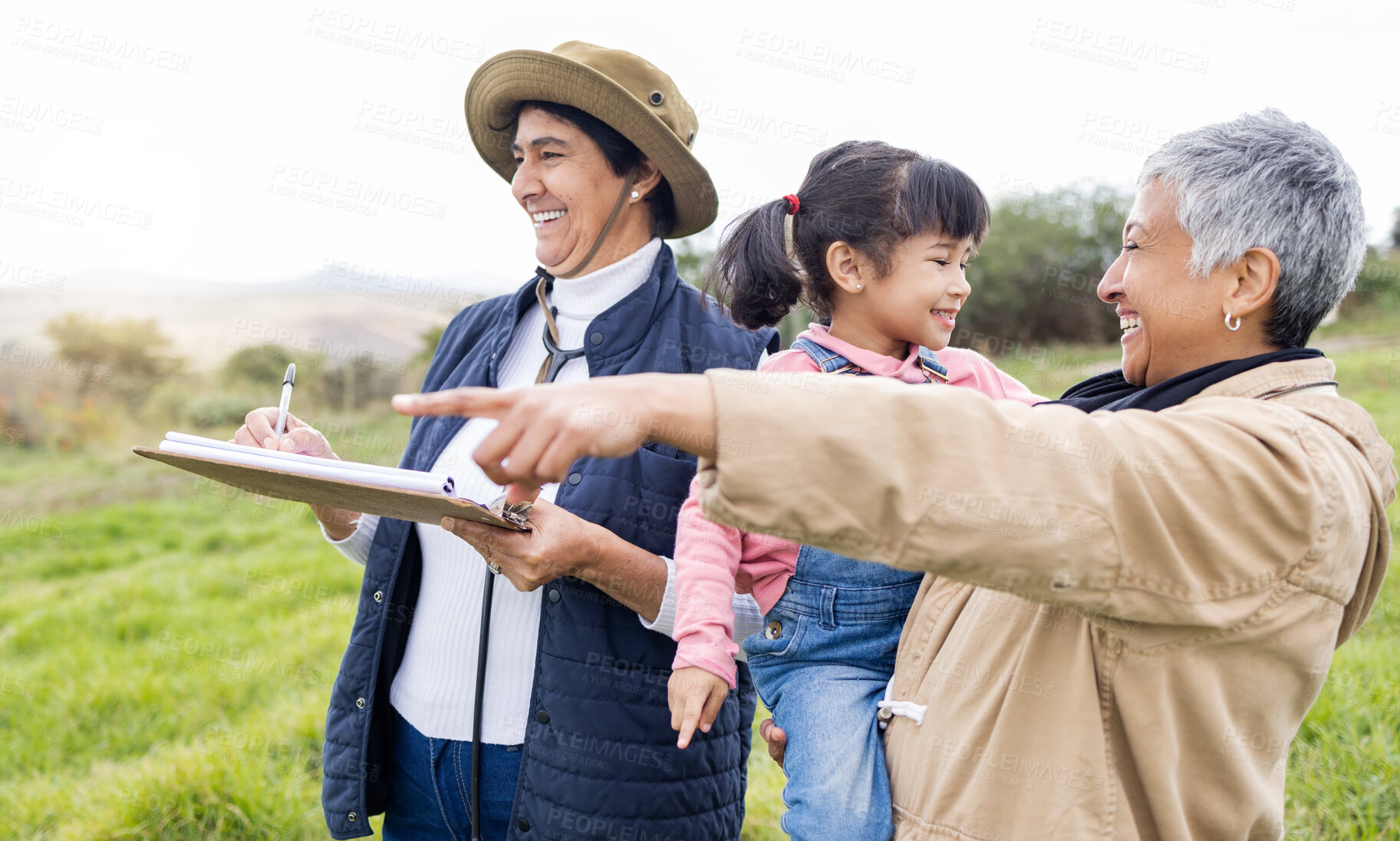 Buy stock photo Senior farmer women, checklist and field at family farm, laugh and bonding love with girl kid outdoor. Old woman, child and writing in countryside, farming and happiness in nature with landscape