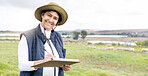 Clipboard, farmer and portrait of a woman on a farm with checklist to monitor growth and development. Happy, smile and mature female working on sustainable, agriculture and agro field in countryside.