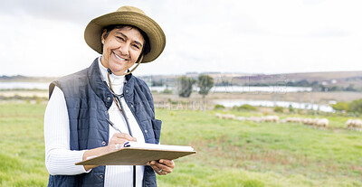 Buy stock photo Clipboard, farmer and portrait of a woman on a farm with checklist to monitor growth and development. Happy, smile and mature female working on sustainable, agriculture and agro field in countryside.