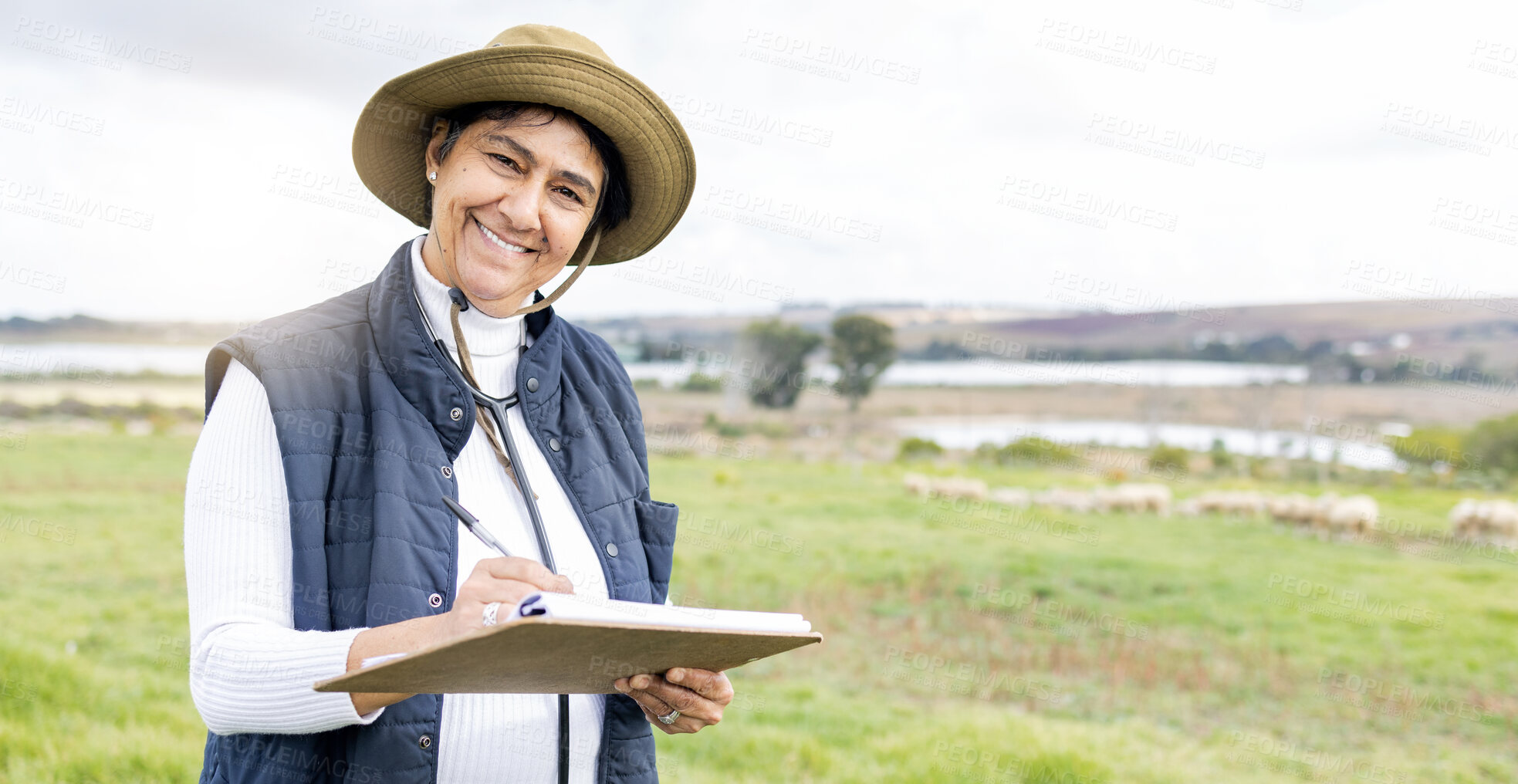 Buy stock photo Clipboard, farmer and portrait of a woman on a farm with checklist to monitor growth and development. Happy, smile and mature female working on sustainable, agriculture and agro field in countryside.