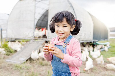 Buy stock photo Girl child portrait, chicken farm and egg with smile, learning or organic agriculture startup in spring. Kid, poultry bird farming and sustainability in countryside, summer or morning for animal care