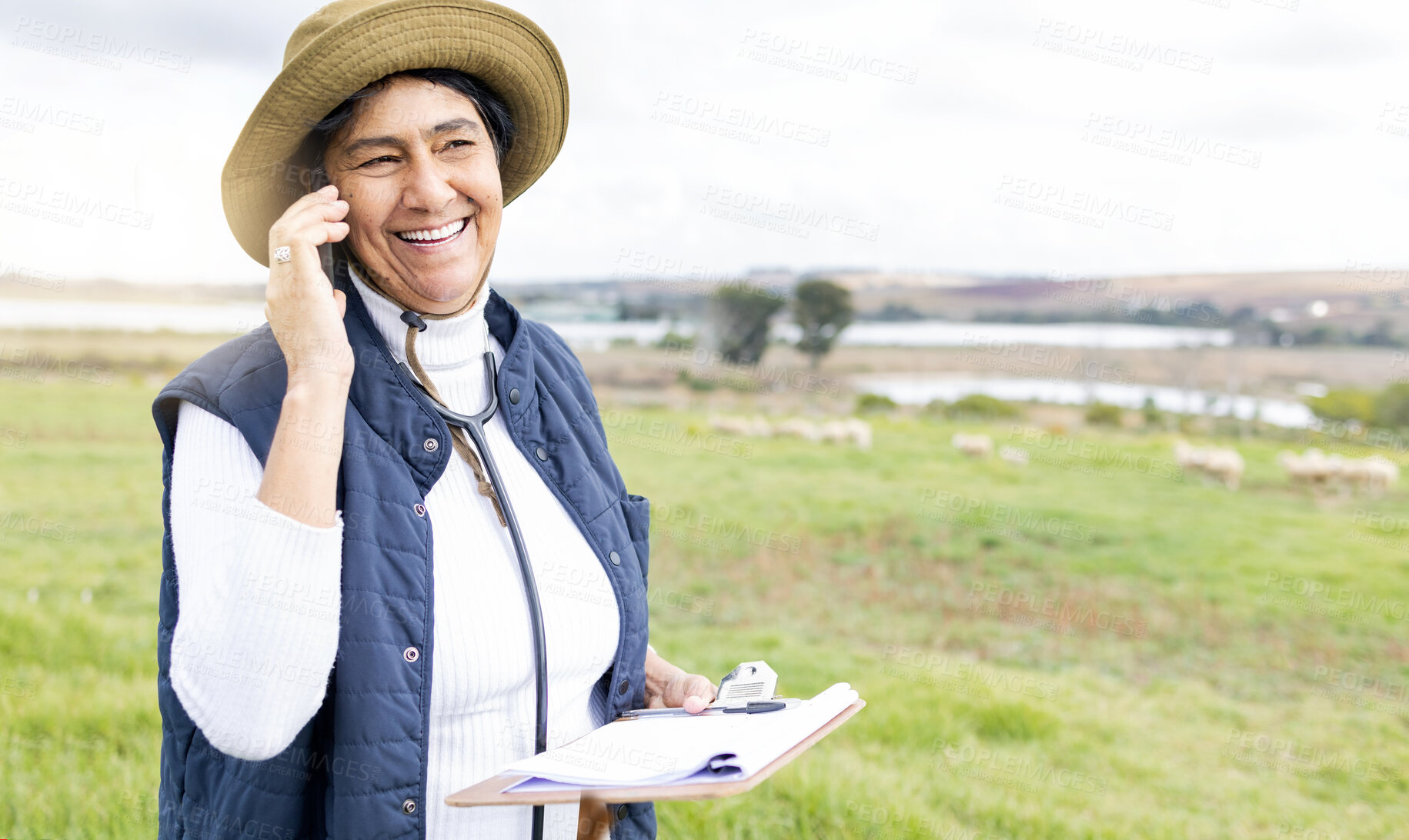 Buy stock photo Phone call, veterinarian and woman on farm talking or chatting to contact with checklist outdoors. Agro, agriculture and happy elderly doctor with clipboard and 5g mobile smartphone for networking.