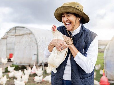 Buy stock photo Happy farmer, woman and chicken for agriculture in field, environment and countryside. Poultry farming, female worker and feather birds for sustainability, eggs production and sustainable food trade