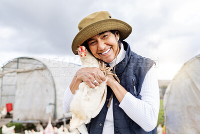 Buy stock photo Chicken farmer, woman and smile for agriculture in field, environment and countryside. Portrait of worker, poultry farming and animal birds for sustainability, eggs production and food trade industry