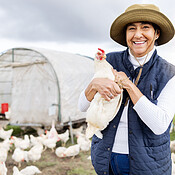 Premium Photo  Chicken farmer poultry farming and man with animals smile  and happiness while working in the countryside for sustainability portrait  of farm worker with animal for egg meat and protein